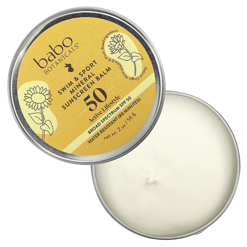 Babo Botanicals, Swim & Sport Mineral Sunscreen Balm, SPF 50, Fragrance Free, 2 oz (56 g)