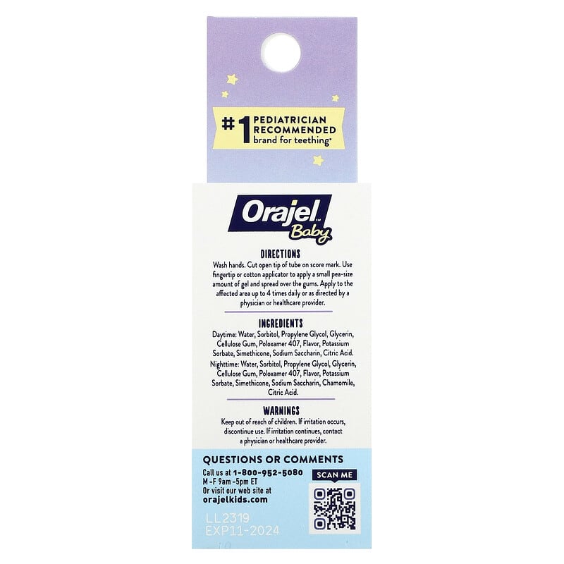 Orajel, Baby Daytime + Nighttime Cooling Gels for Teething, 0+ Years, 2 Tubes, 0.18 oz (5.1 g) Each