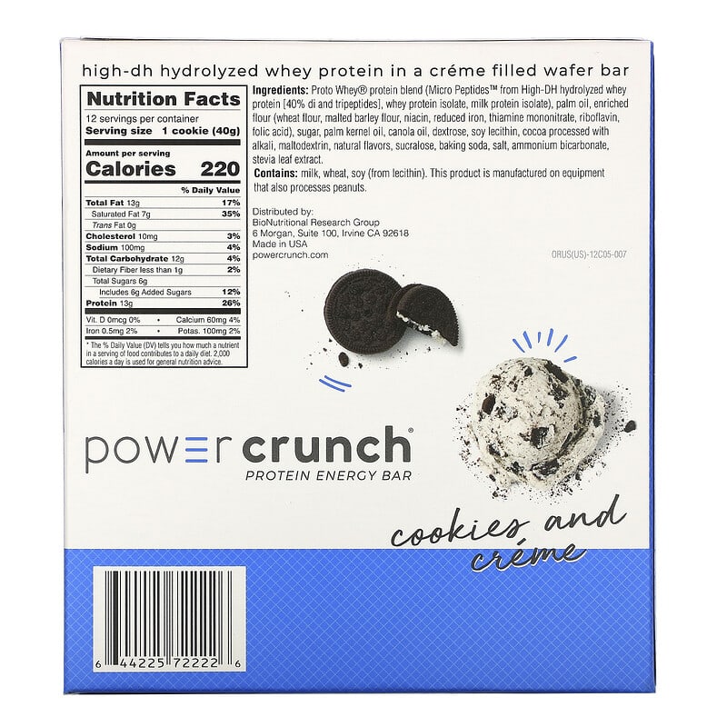 BNRG, Power Crunch Protein Energy Bar, Cookies and Cr&#xE8;me, 12 Bars, 1.4 oz (40 g) Each