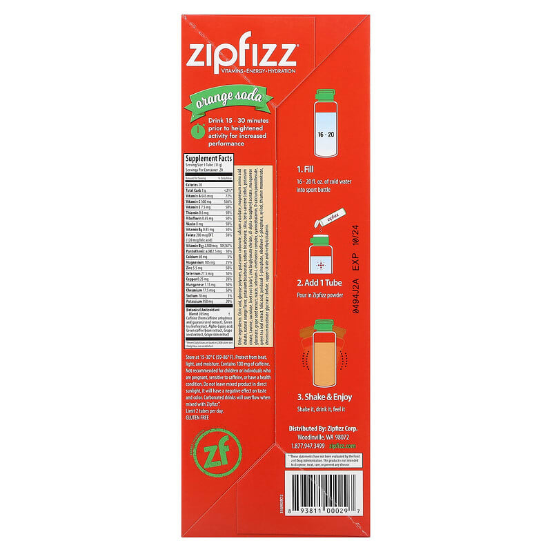 Zipfizz, Energy Drink Mix, Orange Soda, 20 Tubes, 0.39 oz (11 g) Each