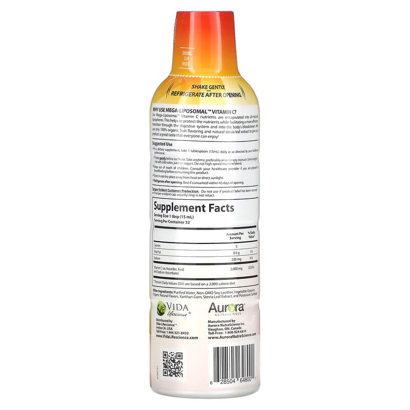 Aurora Nutrascience, Mega-Liposomal Vitamin C, Organic Fruit, 3,000 mg, 16 fl oz (480 ml)