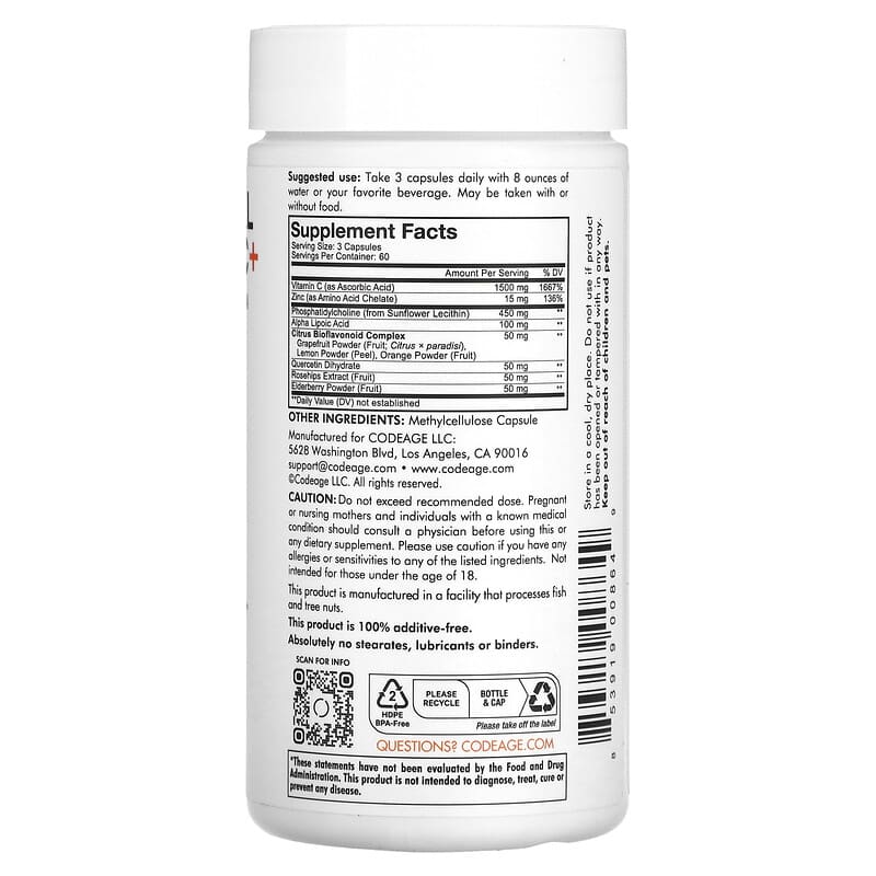 Codeage, Vitamins, Liposomal Vitamin C+, Vitamin C, Quercetin, Rosehips, Zinc, 180 Capsules