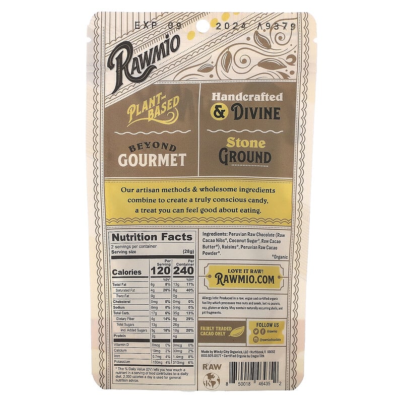 Rawmio, Chocolate Covered Raisins, 70% Dark Raw Chocolate, 2 oz (56.7 g)