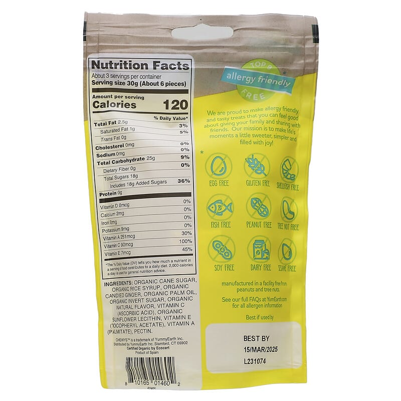 YumEarth, Ultimate Organic Ginger Lemon Chews, 3 oz (85 g)