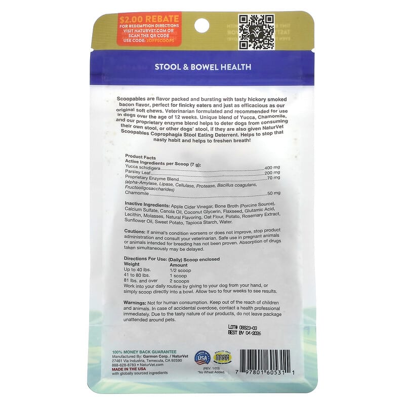 NaturVet, Scoopables, Coprophagia, Stool Eating Deterrent + Breath Aid, For Dogs, Bacon, 11 oz (315 g)