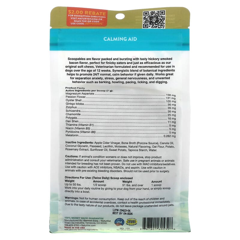 NaturVet, Scoopables Emotional Support, Daily Calming Aid, For Dogs, Bacon, 45 Scoops, 11 oz (315 g)