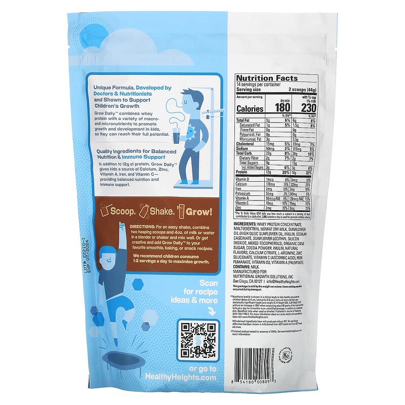 Healthy Heights, Grow Daily, Whey Protein & Nutrition Mix, For Kids 3+, Chocolate, 21.7 oz (616 g)