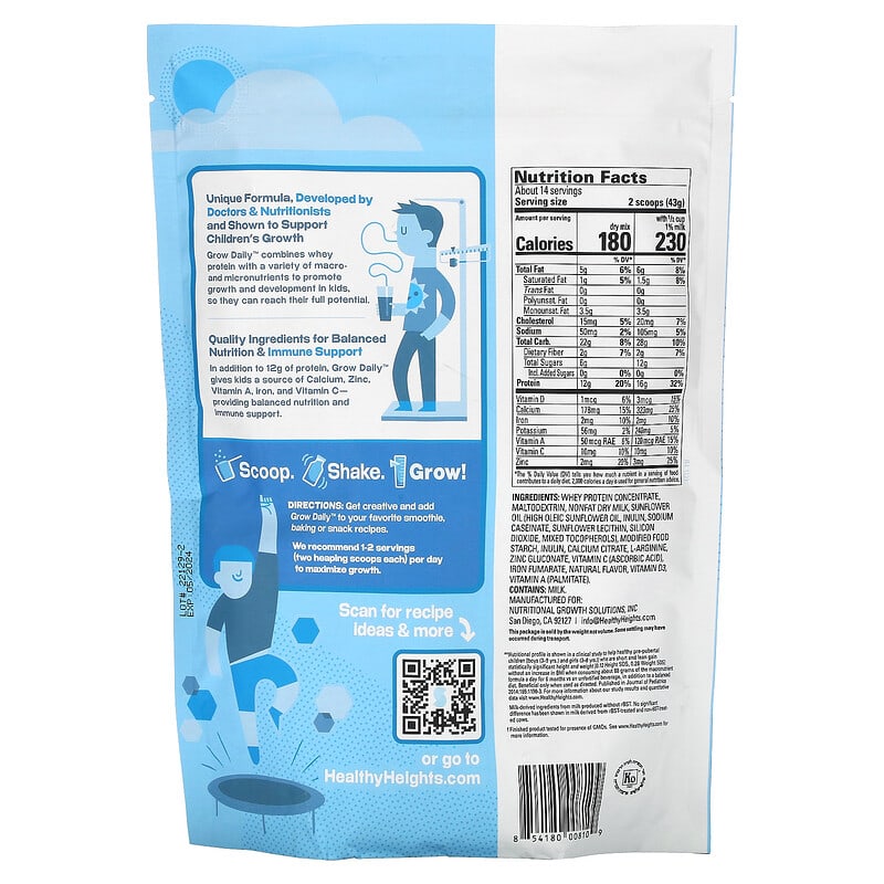 Healthy Heights, Grow Daily, Whey Protein & Nutrition Mix, For Kids 3+, Plain, 21.7 oz (616 g)