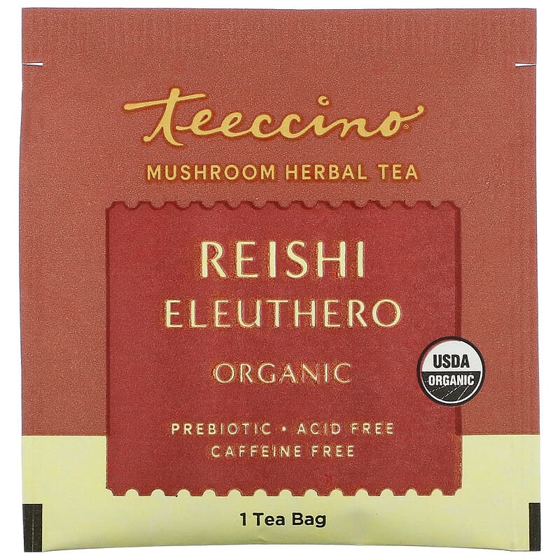 Teeccino, Mushroom Herbal Tea, Organic Reishi Eleuthero, Caffeine Free, 10 Tea Bags, 2.12 oz (60 g)