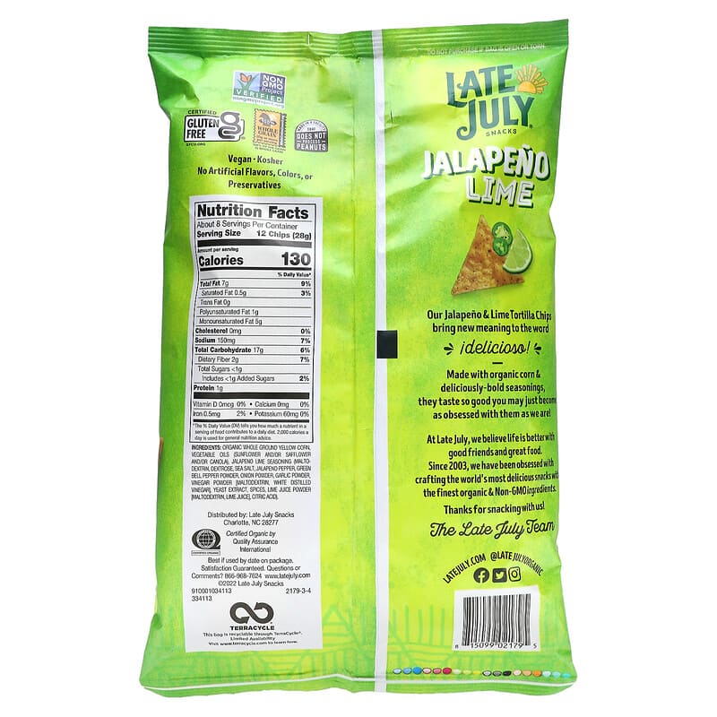 Late July, Snacks, Tortilla Chips, Jalapeno Lime, 7.8 oz (221 g)