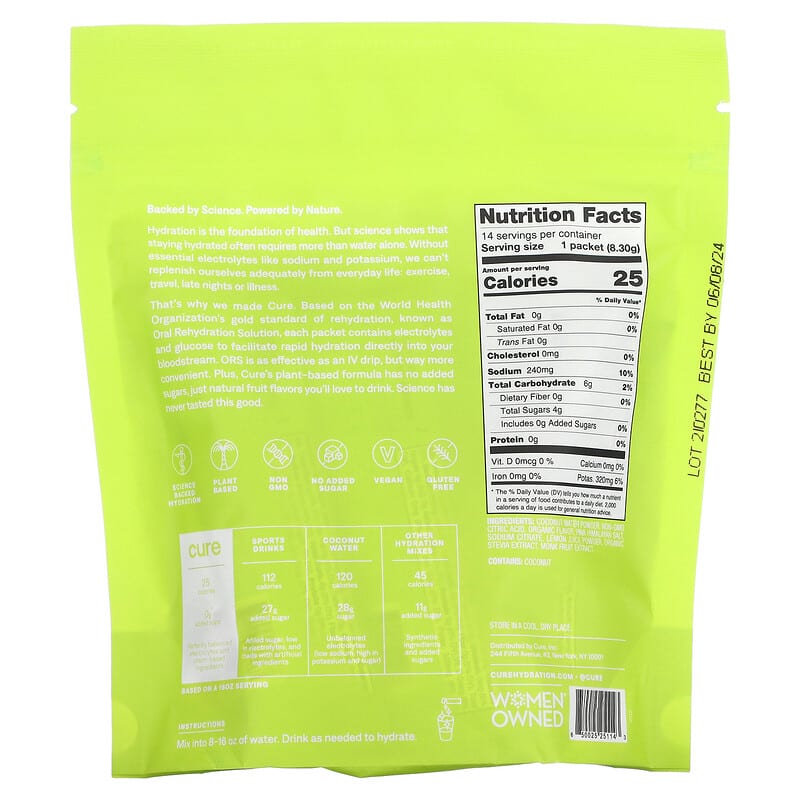 Cure Hydration, Hydrating Electrolyte Mix, Lime, 14 Packets, 0.29 oz (8.3 g) Each