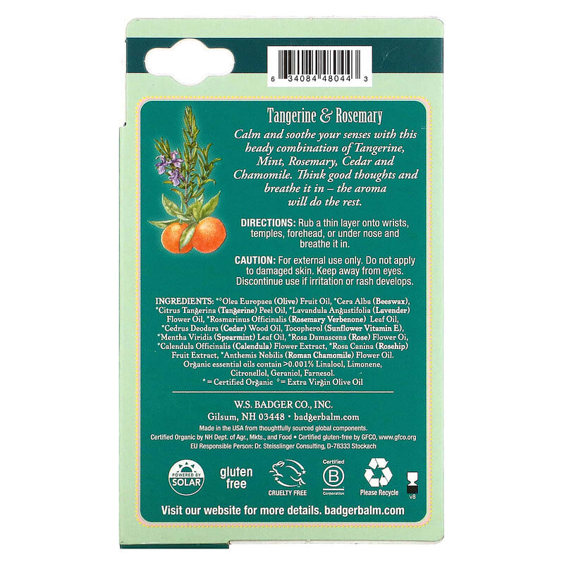 Badger Company, Aromatherapy, Stress Soother, Tangerine & Rosemary, 0.6 oz (17 g)