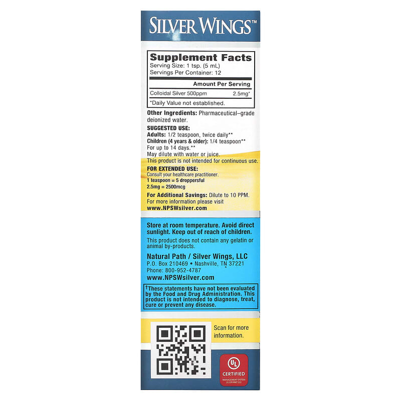 Natural Path Silver Wings, Colloidal Silver, 500 PPM, 2 fl oz (60 ml)