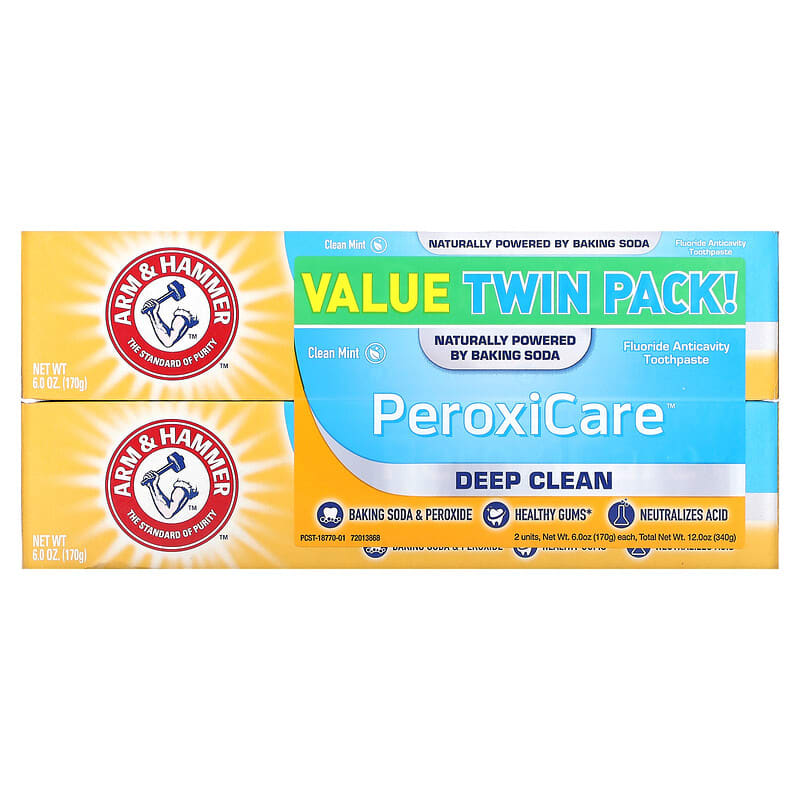 Arm & Hammer, PeroxiCare, Deep Clean, Fluoride Anticavity Toothpaste, Clean Mint, Twin Pack, 6.0 oz (170 g) Each