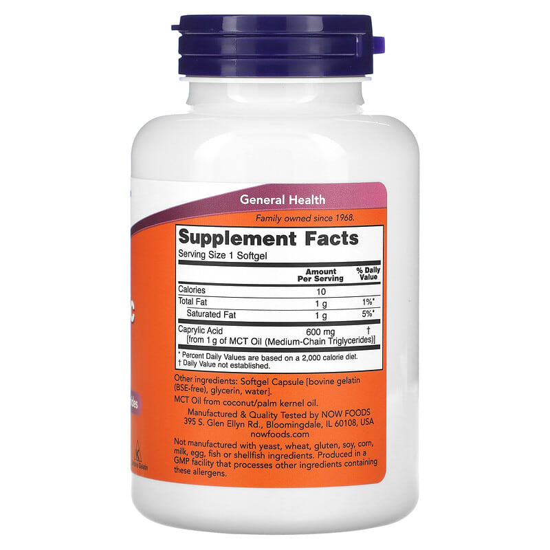 NOW Foods, Caprylic Acid, 600 mg, 100 Softgels