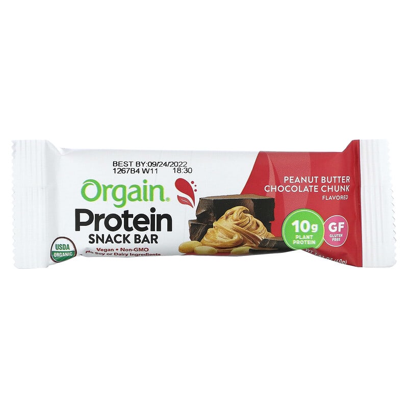 Orgain, Organic Plant-Based Protein Bar, Peanut Butter Chocolate Chunk, 12 Bars, 1.41 oz (40 g) Each