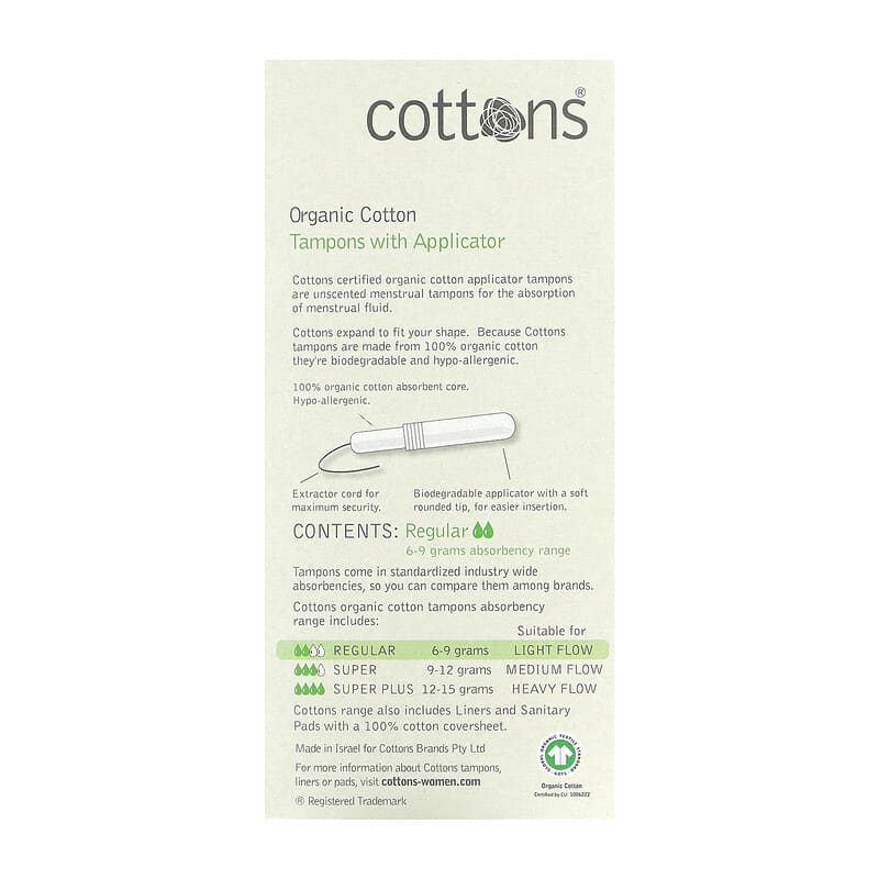 Cottons, Organic Cotton, Tampons with Applicator, Regular, 16 Tampons