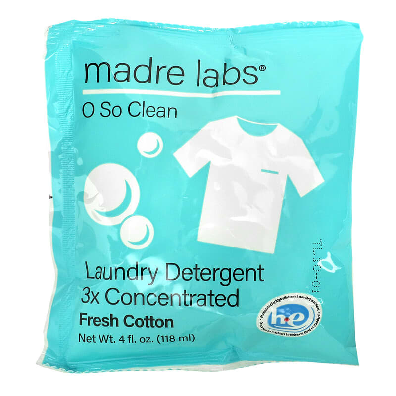 Madre Labs, Laundry Detergent, 3x Concentrate Refill, Fresh Cotton, 6 Pouches, 4 fl oz (118 ml) Each