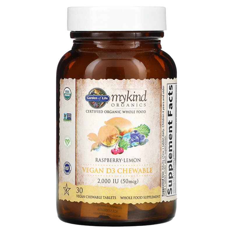 Garden of Life, MyKind Organics, Vegan D3, Raspberry-Lemon, 50 mcg (2,000 IU), 30 Vegan Chewable Tablets