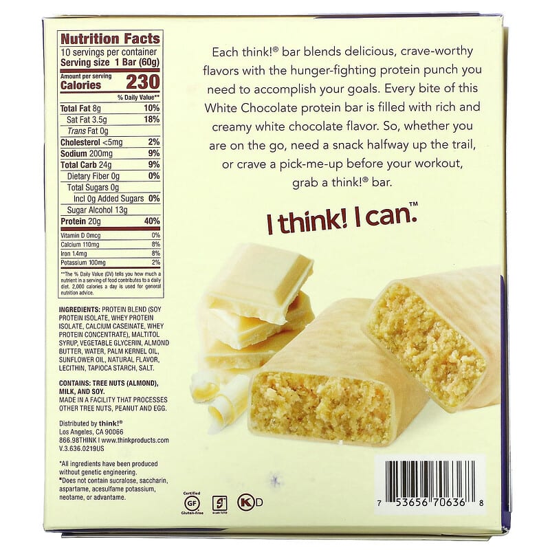 Think !, High Protein Bars, White Chocolate, 10 Bars, 2.1 oz (60 g) Each