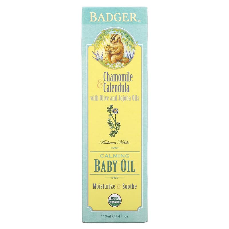 Badger Company, Calming Baby Oil, Chamomile & Calendula with Olive and Jojoba Oils, 4 fl oz (118 ml)