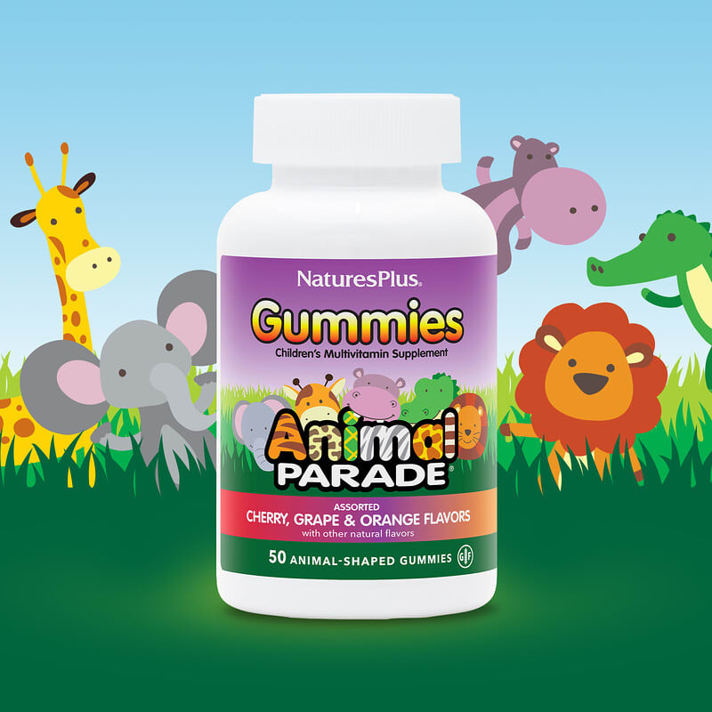 NaturesPlus, Animal Parade Children's Multivitamin Gummies, Assorted, 50 Animal-Shaped Gummies