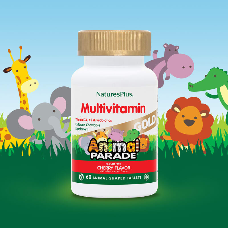 NaturesPlus, Animal Parade Gold, Children's Chewable Multivitamin Supplement, Cherry, 60 Animal-Shaped Tablets