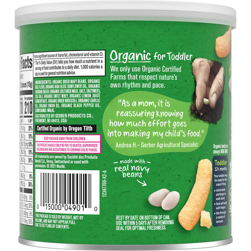 Gerber, Organic for Toddler, Lil' Crunchies, Baked Snack Made with Beans, 12+ Months, White Cheddar Broccoli, 1.59 oz (45 g)