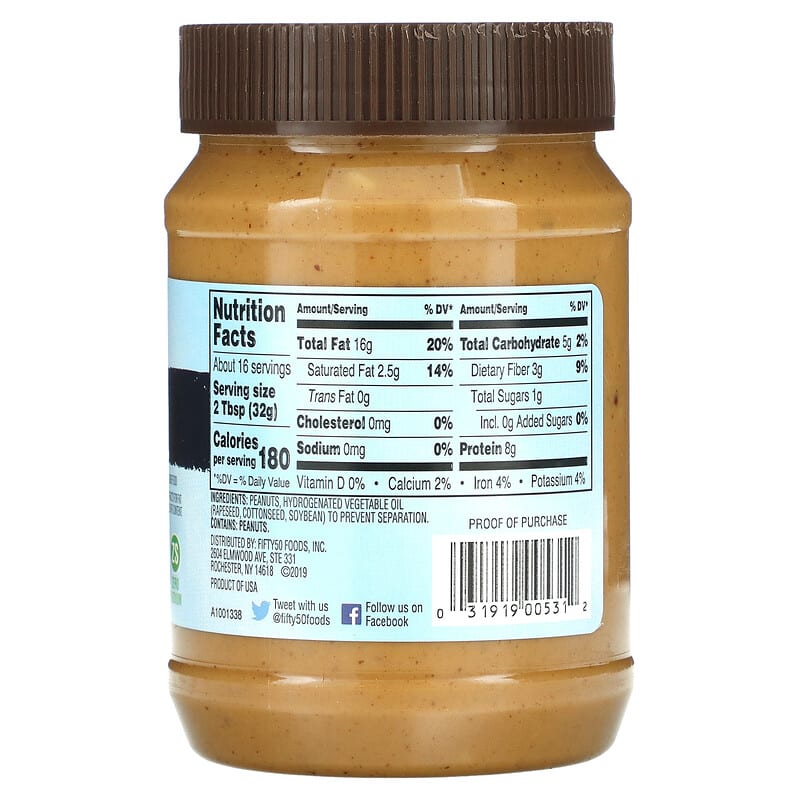 Fifty 50, Low Glycemic Peanut Butter, Crunchy, 18 oz (510 g)