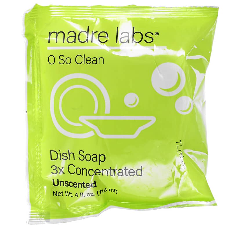 Madre Labs, Dish Soap, 3x Concentrate Refill, Unscented, 6 Pouches, 4 fl oz (118 ml) Each