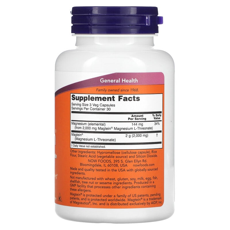 NOW Foods, Magtein, Magnesium L-Threonate, 90 Veg Capsules