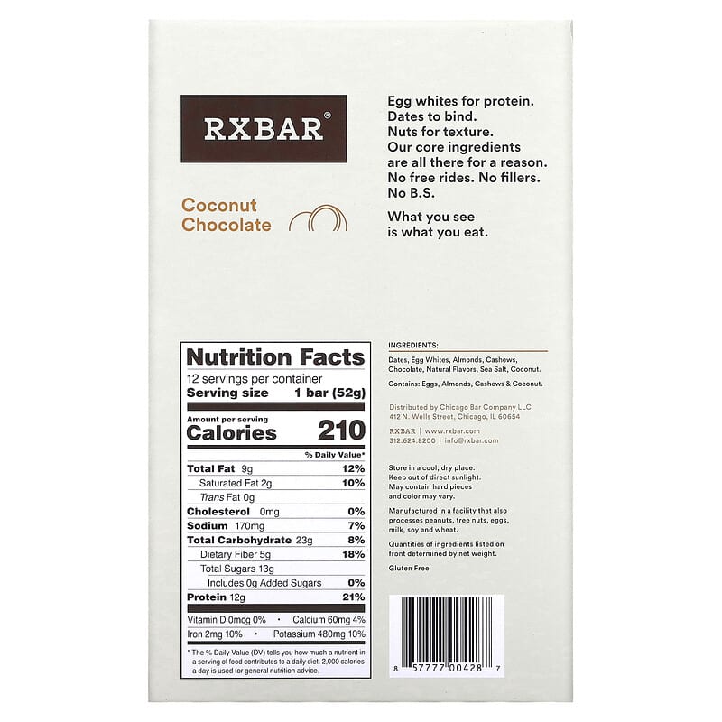 RXBAR, Protein Bar, Coconut Chocolate, 12 Bars, 1.83 oz (52 g) Each