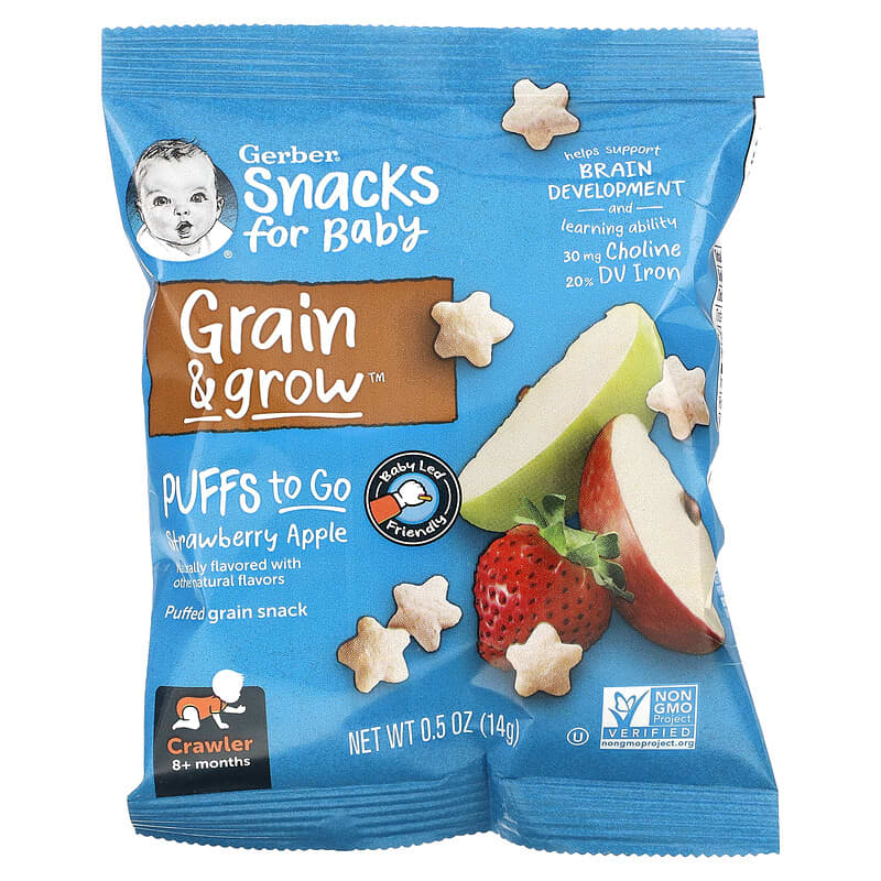 Gerber, Snacks for Baby, Grain & Grow, Puffs to Go, 8+ Months, Strawberry Apple, 12 Snack Packs,  0.5 oz (14 g) Each