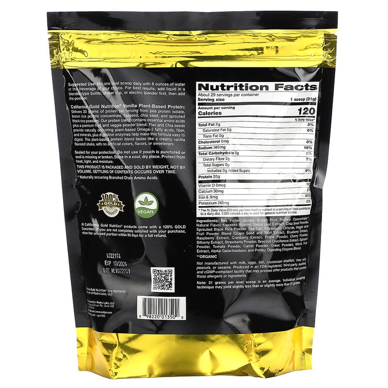 California Gold Nutrition, SPORT - Vegan Protein Vanilla, 2 lbs Pouch