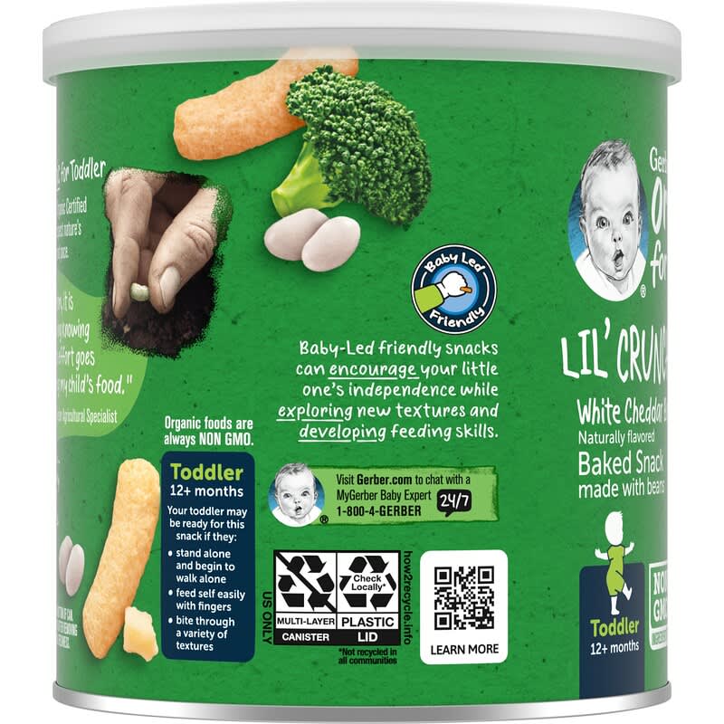 Gerber, Organic for Toddler, Lil' Crunchies, Baked Snack Made with Beans, 12+ Months, White Cheddar Broccoli, 1.59 oz (45 g)