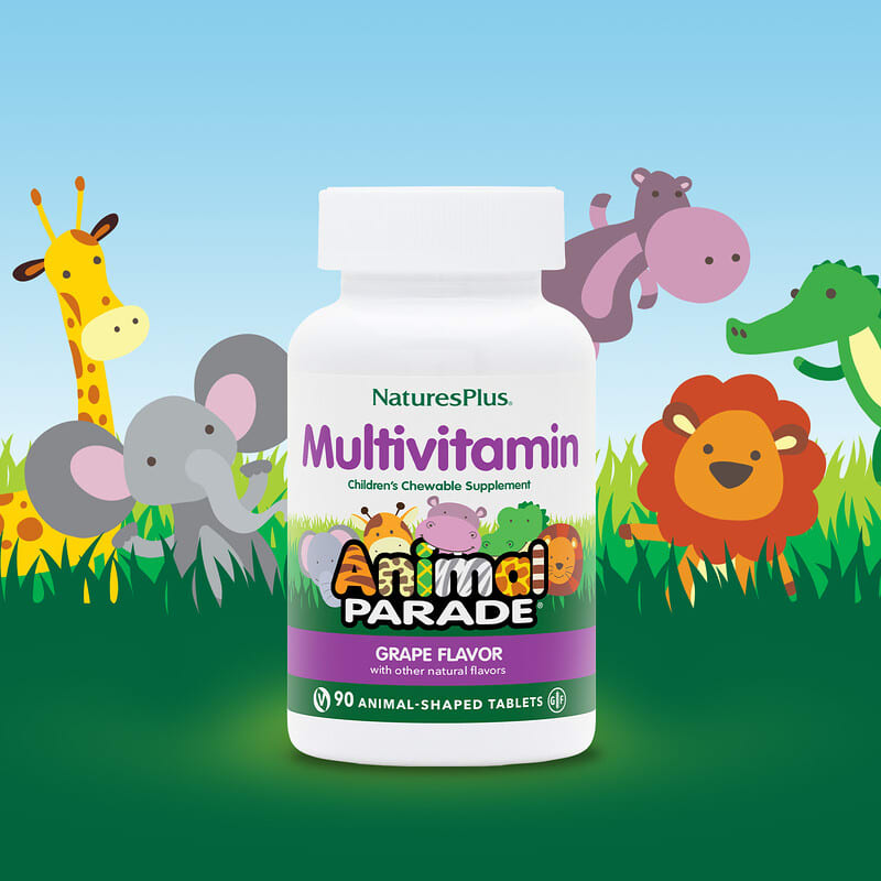 NaturesPlus, Animal Parade, Children's Chewable Multivitamin Supplement, Grape, 90 Animal-Shaped Tablets