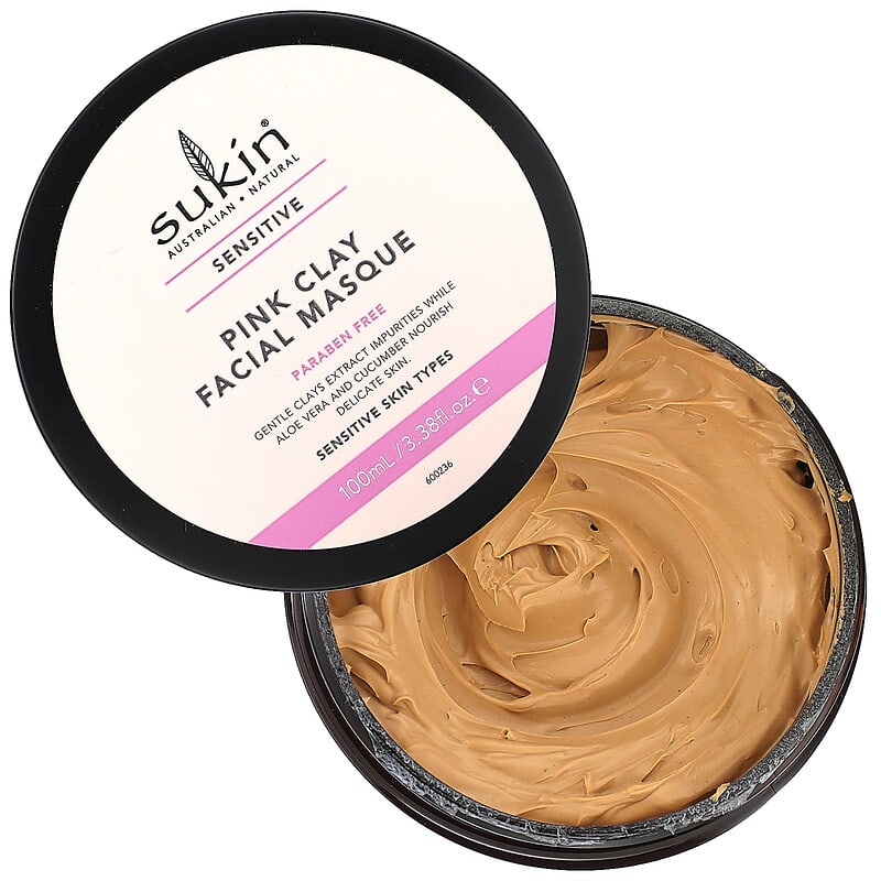 Sukin, Pink Clay Facial Masque, Sensitive, 3.38 fl oz (100 ml)