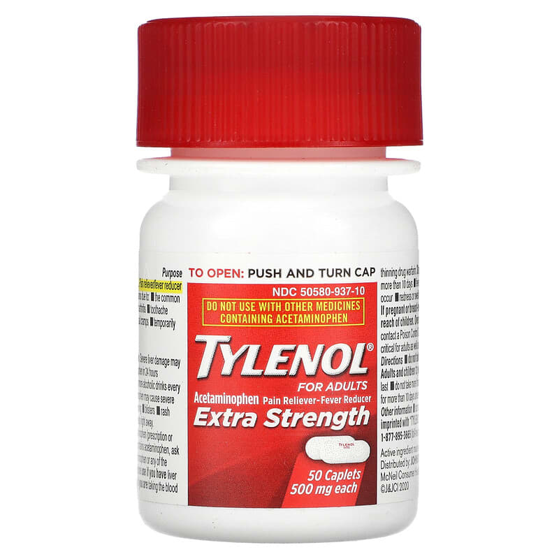 Tylenol, Extra Strength, Acetaminophen Pain Reliever Fever Reducer For Adults, 500 mg, 50 Caplets