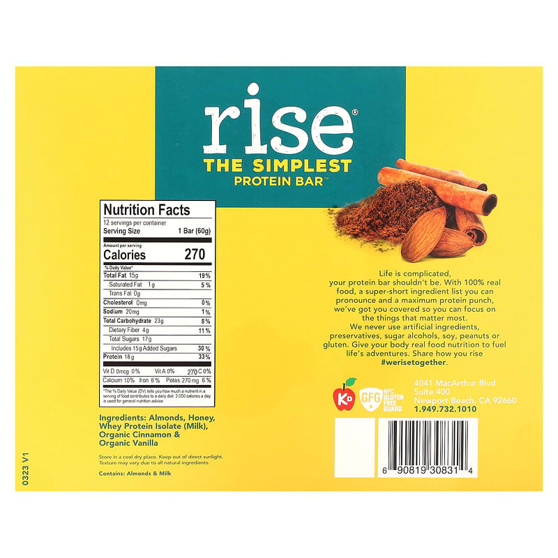 Rise Bar, The Simplest Protein Bar, Snicker Doodle, 12 Bars, 2.1 oz (60 g) Each