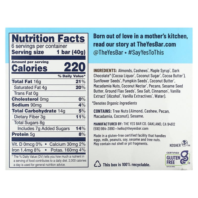 Yes Bar, Snack Bar, Dark Chocolate Chip, 6 Bars, 1.4 oz (40 g) Each