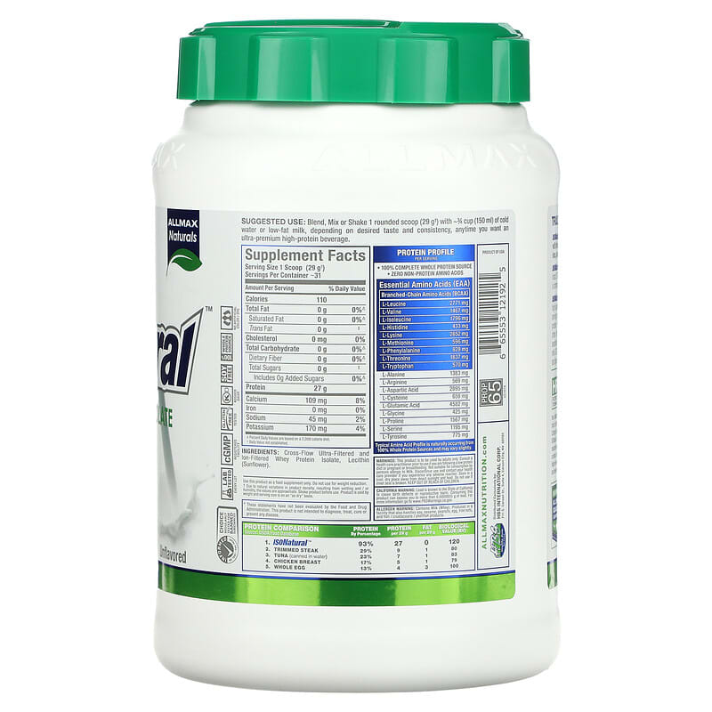 ALLMAX, IsoNatural, Pure Whey Protein Isolate, Unflavored, 2 lbs (907 g)
