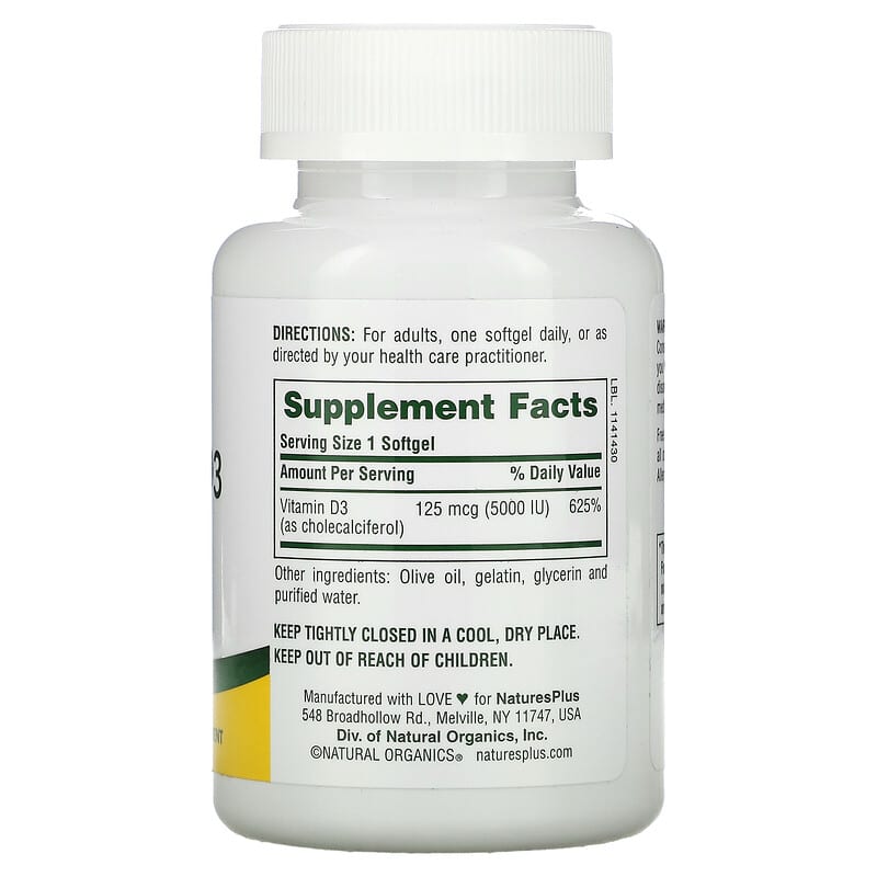 NaturesPlus, Vitamin D3, 125 mcg (5,000 IU), 60 Softgels