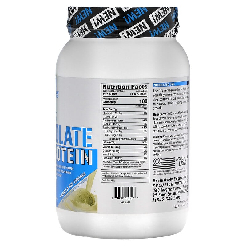 EVLution Nutrition, 100% Isolate Protein, Vanilla Ice Cream, 1.6 lb (726 g)