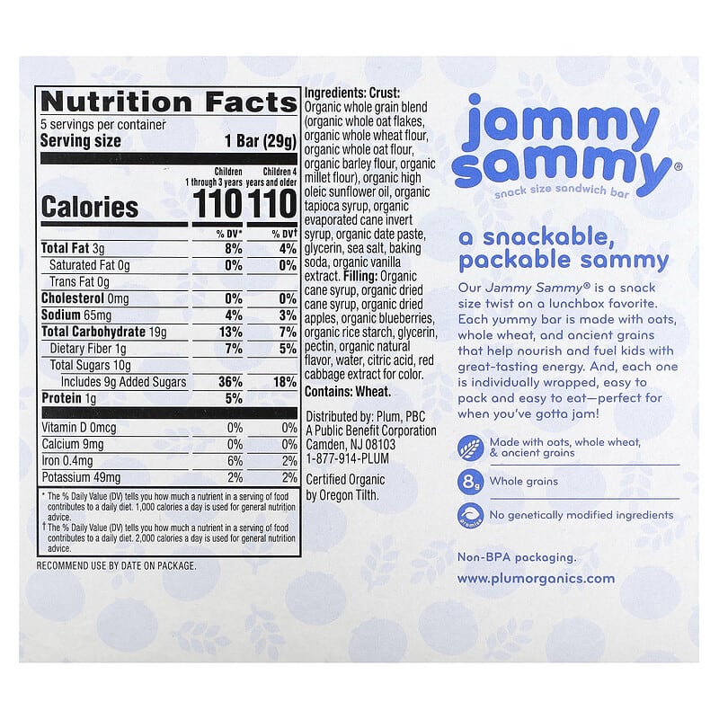 Plum Organics, Jammy Sammy, Snack Size Sandwich Bar, 15 Months & Up, Blueberry & Oatmeal, 5 Bars, 1.02 oz (29 g) Each