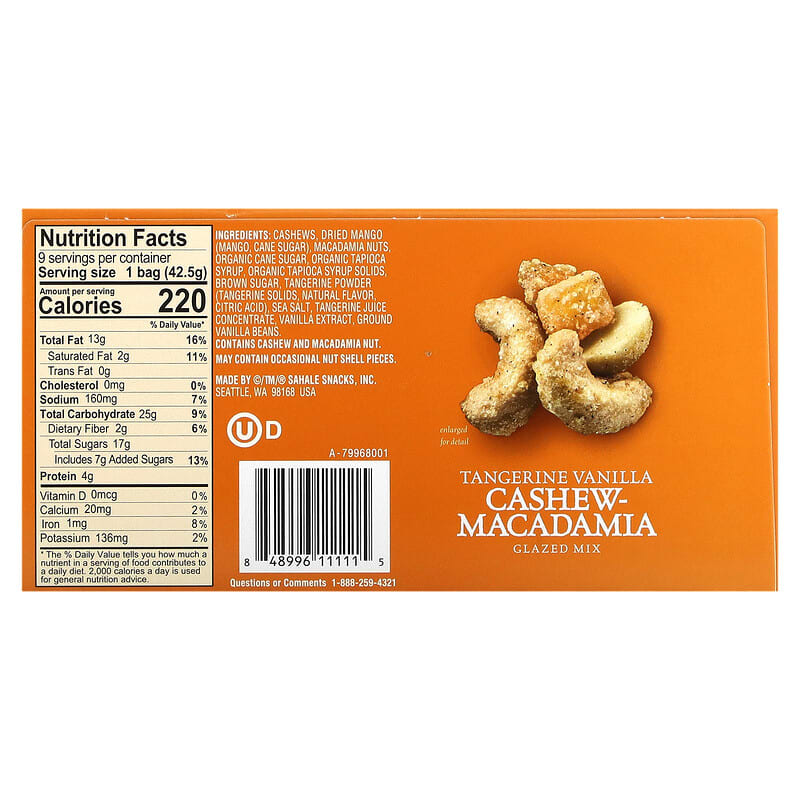 Sahale Snacks, Glazed Mix, Tangerine Vanilla Cashew-Macadamia, 9 Packs, 1.5 oz (42.5 g) Each