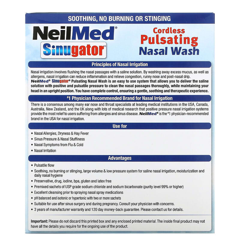 NeilMed, Sinugator, Cordless Pulsating Nasal Wash, 3 Piece Set