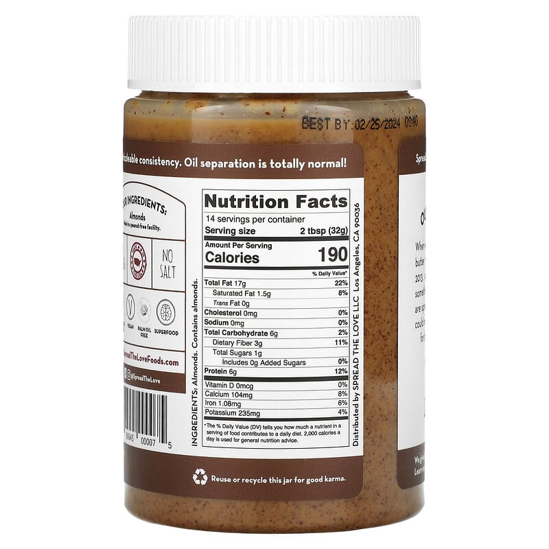 Spread The Love, Almond Butter, Unsalted, 16 oz ( 454 g)