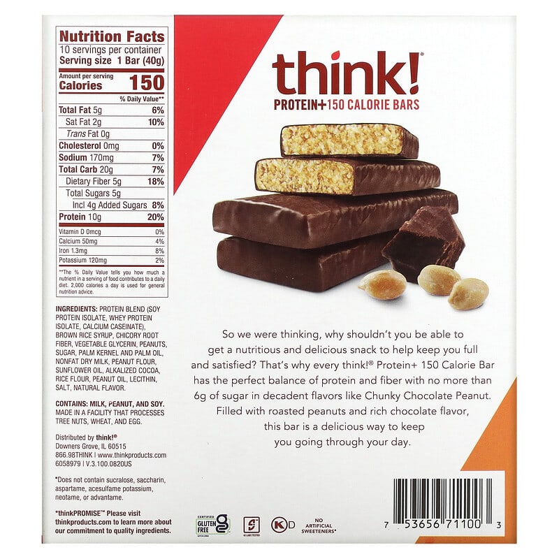 Think !, Protein+ 150 Calorie Bars, Chunky Chocolate Peanut, 10 Bars, 1.41 oz (40 g) Each