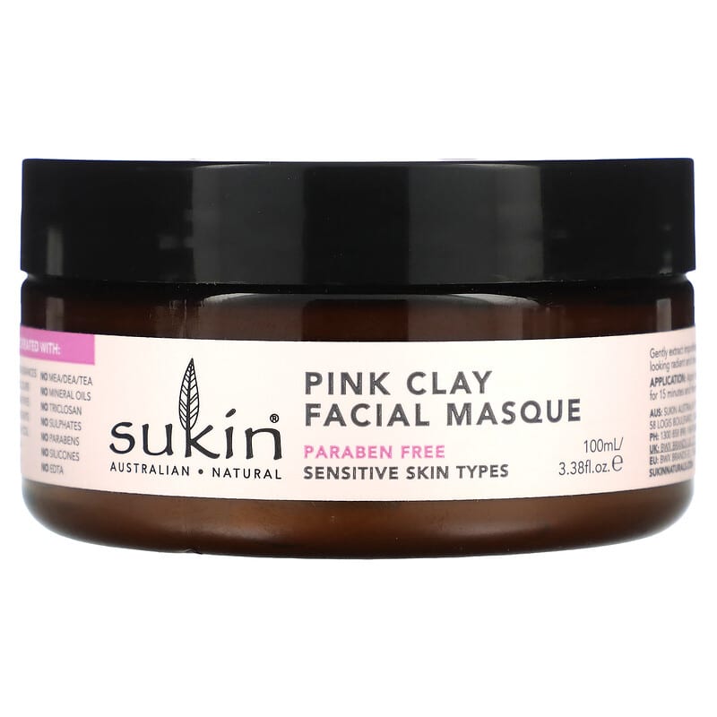 Sukin, Pink Clay Facial Masque, Sensitive, 3.38 fl oz (100 ml)