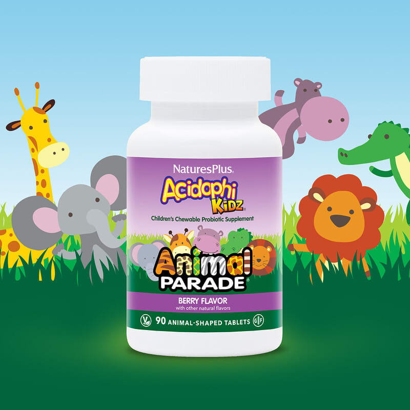 NaturesPlus, Source of Life, Animal Parade, AcidophiKidz, Children's Chewable, Berry, 90 Animal-Shaped Tablets